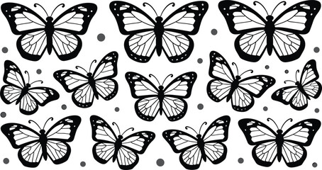 Black butterfly stencils collection vector with multiple insect silhouettes and polka dots on clean white background © MdRakib