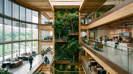 Fototapeta premium Modern biophilic co-working atrium with exposed timber beams, a multi-story living wall, and natural light