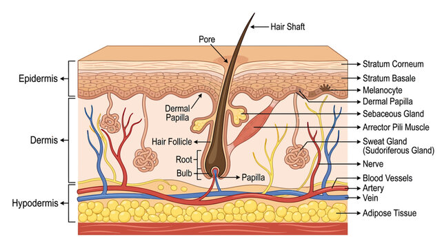 Human Skin Anatomy Diagram: Epidermis, Dermis, Hypodermis, Hair Follicle, Pores