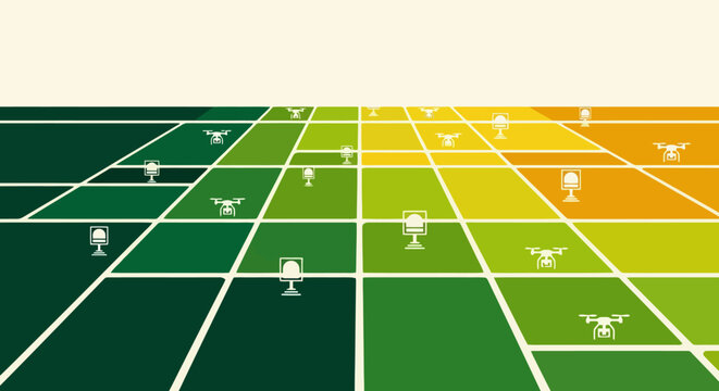 Aerial drone fleet monitoring crops in a digital green farm field grid