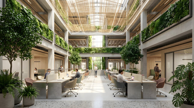 Modern biophilic co-working atrium with living walls, recycled composite desks, and bamboo lighting