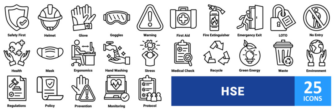 HSE icons set. Vector icon collection for health safety and environment, industrial safety first, workplace hygiene, personal protective equipment PPE, and recycling. Editable stroke 