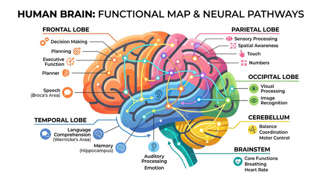 Human Brain Functional Map and Neural Pathways Diagram