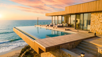 Fototapeta premium Modern luxury beachfront villa with infinity pool, floor-to-ceiling windows, sunset coastal views, minimalist architecture