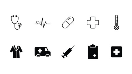 Medical icons including stethoscope and ambulance on white background © Silhouette boss 7067