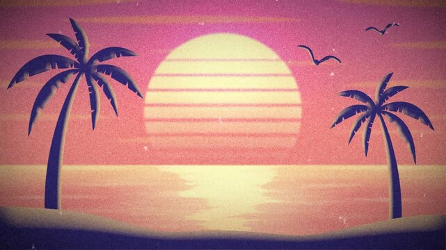 Vintage Film Grain Background Animation with Tropical Beach Sunset and Palm Trees