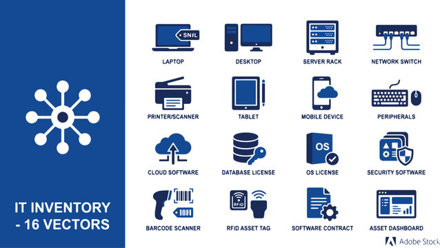 Information technology inventory icons set including hardware and software assets like computer database server network cloud and security symbols.