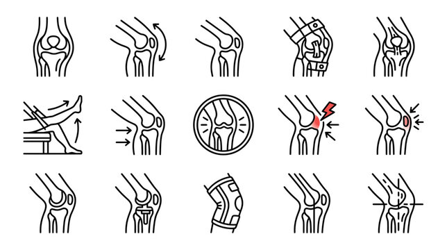 Knee Anatomy and Injury Icons Set: Joint Pain, Surgery, and Rehabilitation