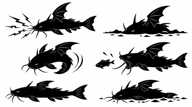 Set of silhouettes of winged catfish in various dynamic poses