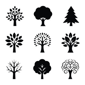 Tree icon set isolated black on white background. Vector Illustration.