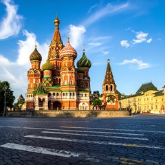 Fototapeta premium Colorful Cathedral with Onion Domes in Urban Square