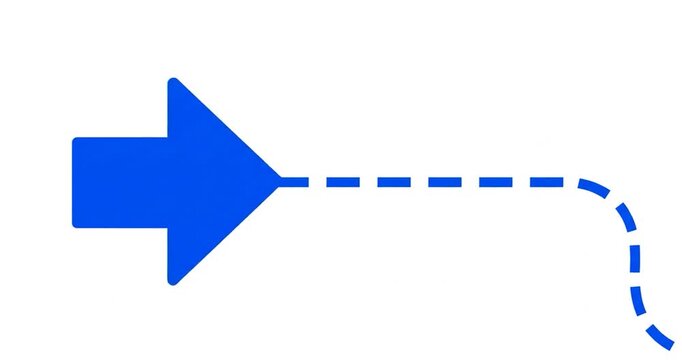 Blue dashed arrow line moving and turning on a clean white background