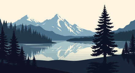 Fototapeta premium Serene vector landscape illustration featuring rolling green hills, stylized pine trees, a calm blue lake reflection, and soft sky gradients in a minimalist flat design style.