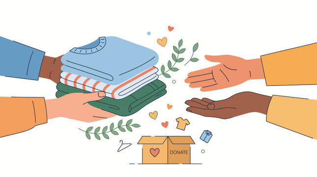 Illustration of two hands exchanging a stack of folded clothes and a donation box with a heart on it, surrounded by colorful hearts and leaves on a white background.