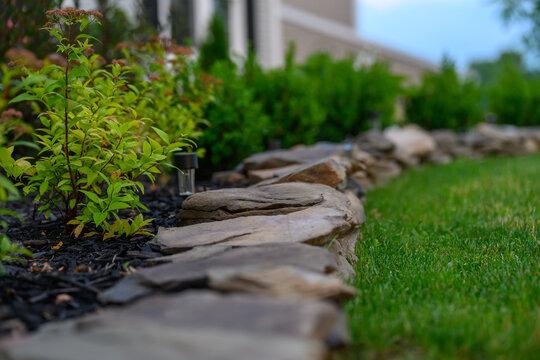 Landscaped Garden Bed with Shrubs and Walkway in Front of a Suburban House