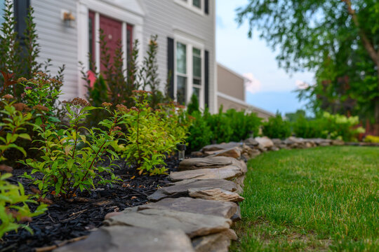 Landscaped Garden Bed with Shrubs and Walkway in Front of a Suburban House