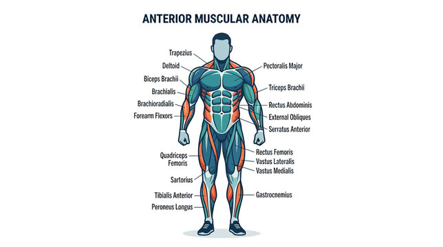 Anterior Muscular Anatomy Diagram - Human Body Muscles Labeled