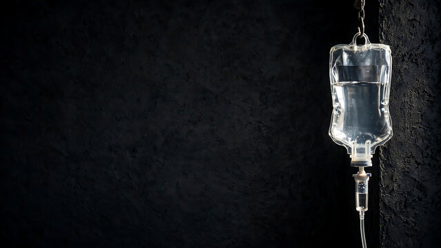 Medical IV drip bag with clear liquid hanging against a dark textured black background for healthcare concepts