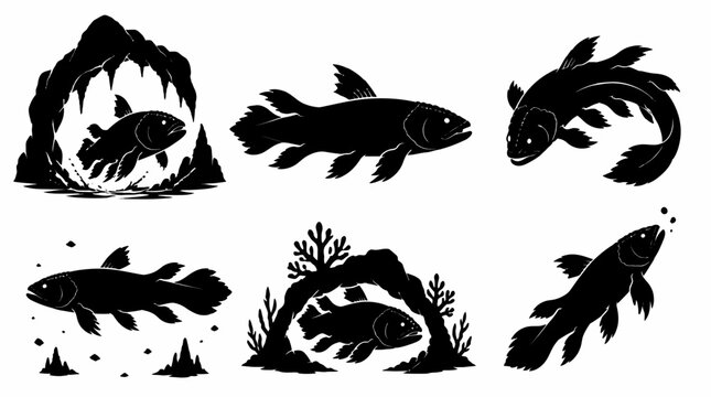 Coelacanth fish silhouette set in various poses and environments