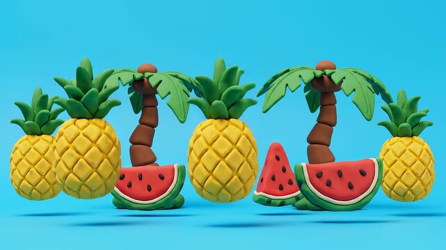 粘土細工のような3Dの夏フルーツとヤシの木がブルーの背景でポップに動くアニメーション