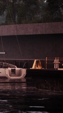 Boats are docked at a marina during the evening. The water is still and reflects the surroundings. There are different types of vessels near the shore with a concrete wall behind them.