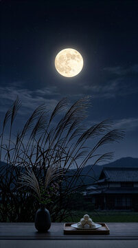 Traditional Japanese full moon and pampas grass for Otsukimi festival background