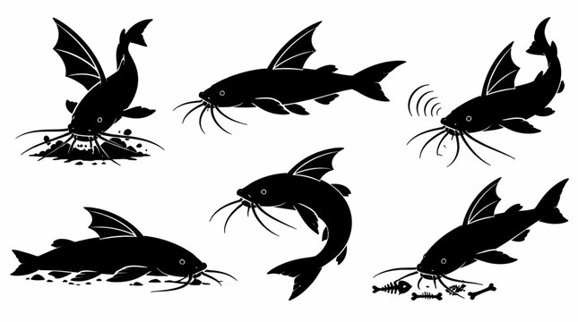 Catfish silhouette set in various poses and swimming actions