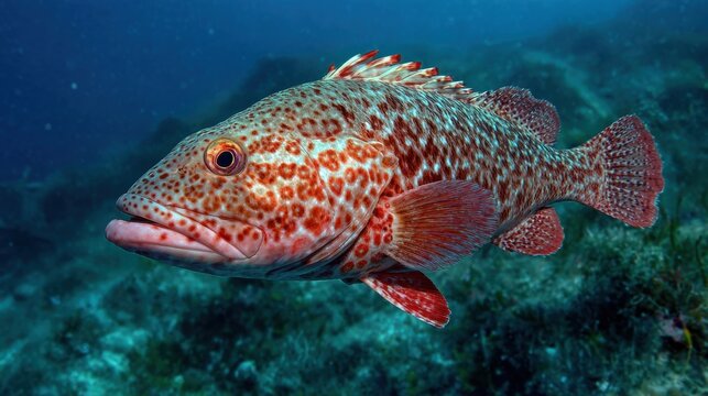 Red spotted grouper fish swimming over coral reef in blue ocean, photorealistic digital art