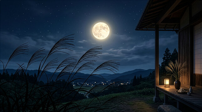 Traditional Japanese full moon and pampas grass for Otsukimi festival background