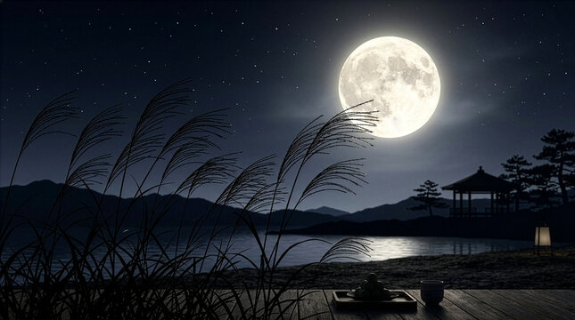 Traditional Japanese full moon and pampas grass for Otsukimi festival background