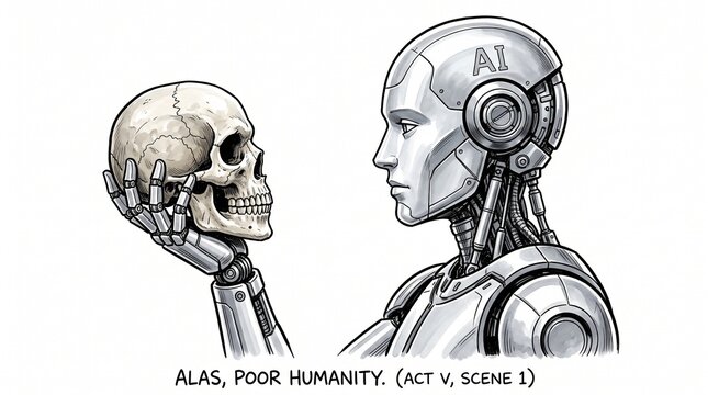 Robot holding skull illustration with ai text referencing literature with artificial intelligence science fiction shakespeare engineering with technology