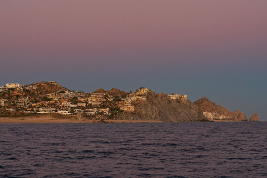cabo san lucas beaches and resorts at southernmost point of baja california peninsula during twilight