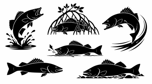 Snook Fish Silhouette Set in Various Poses and Dynamic Actions