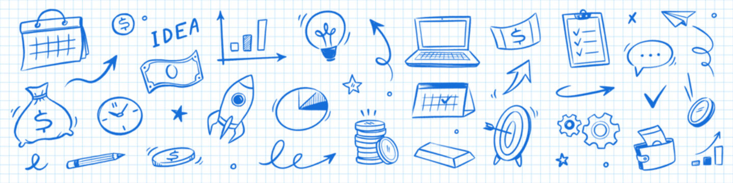 Business calendar icon doodle set. Hand drawn business calendar icon with chalk arrow money graph finance. Marketing communication growth goal analytics rocket innovation target. Vector illustration