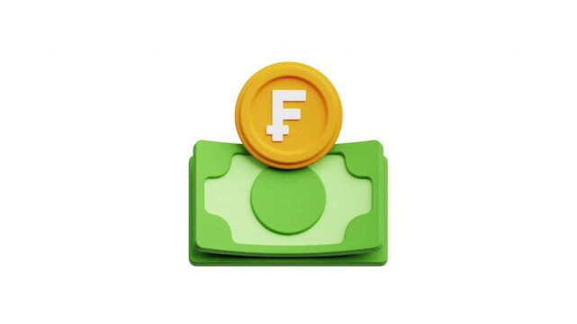 3D Swiss Franc Cash Money and Coin Icon Pop Up Bounce Animation on White Background