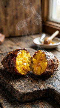 Hot baked sweet potato with steam for autumn food concept