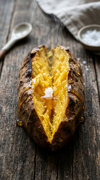 Hot baked sweet potato with steam for autumn food concept