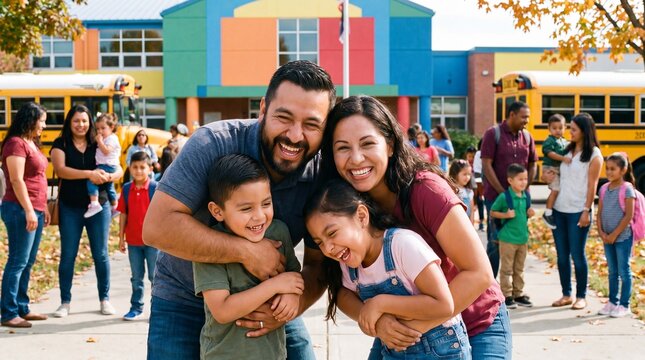 This back-to-school photo shows a happy Mexican family with father, mother, son and daughter standing in front of a colorful school building for posters
