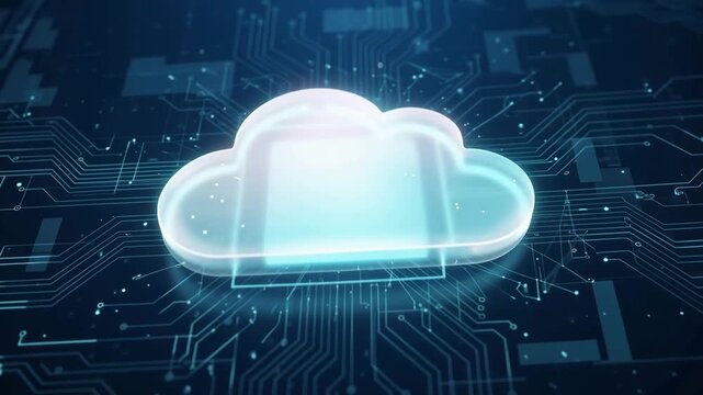 Luminous cloud computing icon floating over dark blue digital background, representing secure cloud technology infrastructure, 4K video