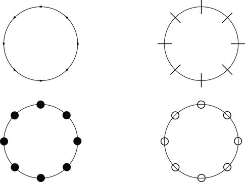 Circular diagram set with 8 steps, geometric circle icons with points and segments, black and white infographic elements for process flow and cycle charts
