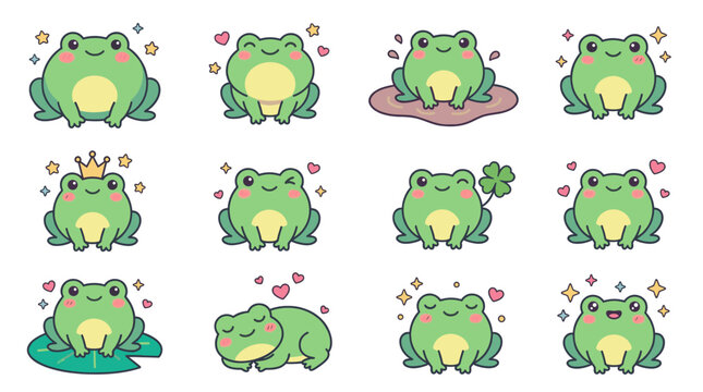 Kawaii green frog character stickers set.