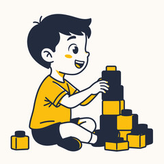 Obraz premium Happy little boy playing with colorful building blocks creating tall tower at home.