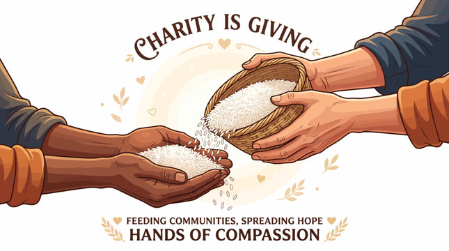 Illustration of two hands holding bowls of rice with a charity and compassion theme, conveying a sense of generosity and kindness.