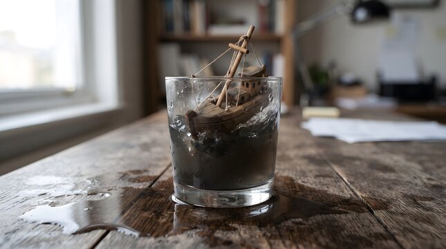Miniature wooden ship toy sinking in clear water glass on table