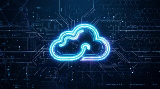 Luminous cloud computing icon floating over dark blue digital background, representing secure cloud technology infrastructure, 4K video