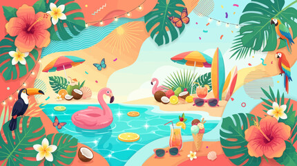 Fototapeta premium Vibrant tropical beach scene with inflatables, flowers, and palm trees surrounding a serene pool.