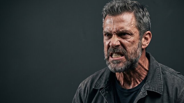 Angry Mature Man With Gray Hair And Beard Showing Teeth In Aggressive Expression