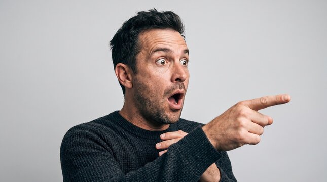 Man with shocked expression pointing to the side