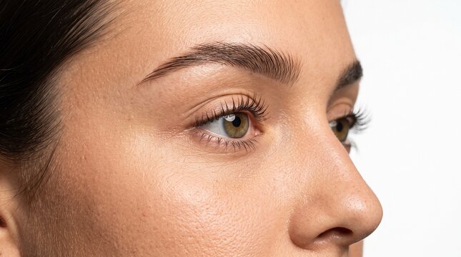 Close up of a woman's eye and nose showing skin texture and natural beauty