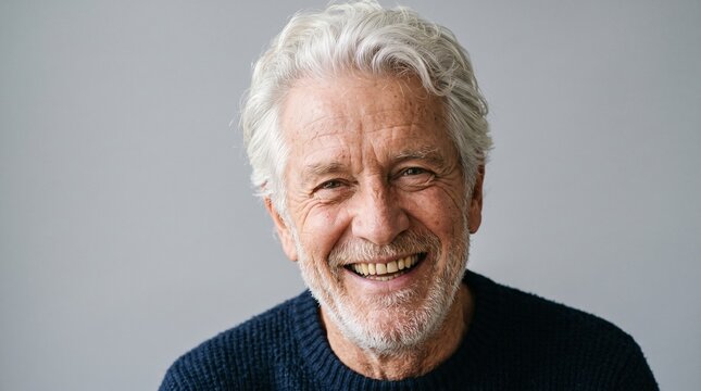 Smiling elderly man with white hair and beard wearing a dark blue sweater